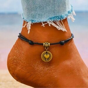 New - Vintage Style - Dangle Heart - Braided Adjustable Ankle Bracelet